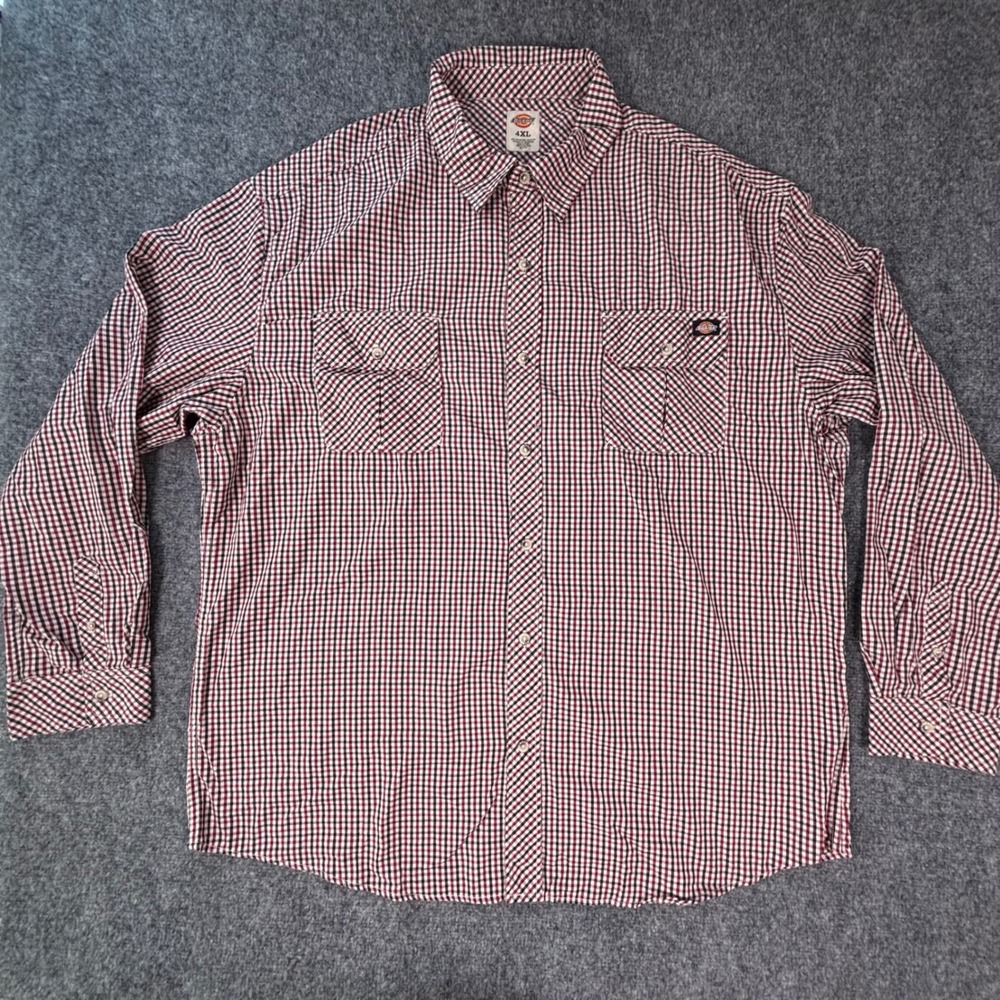 Dickies Mens 4XL Plaid Button Up Work Shirt Red Black White Gingham Long Sleeve